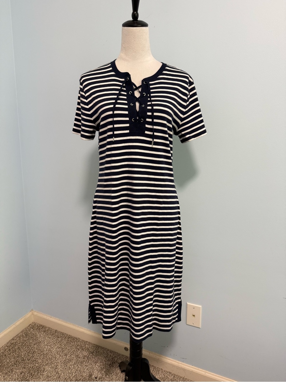 Chaps Women’s Size L Navy White Striped Lace Up Cotton Short Sleeve Dress